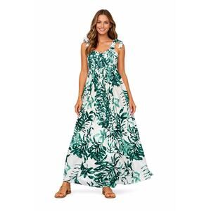 Raviya Tropical Leaf Maxi Dress Green White Smocked Sleeveless Women’s S